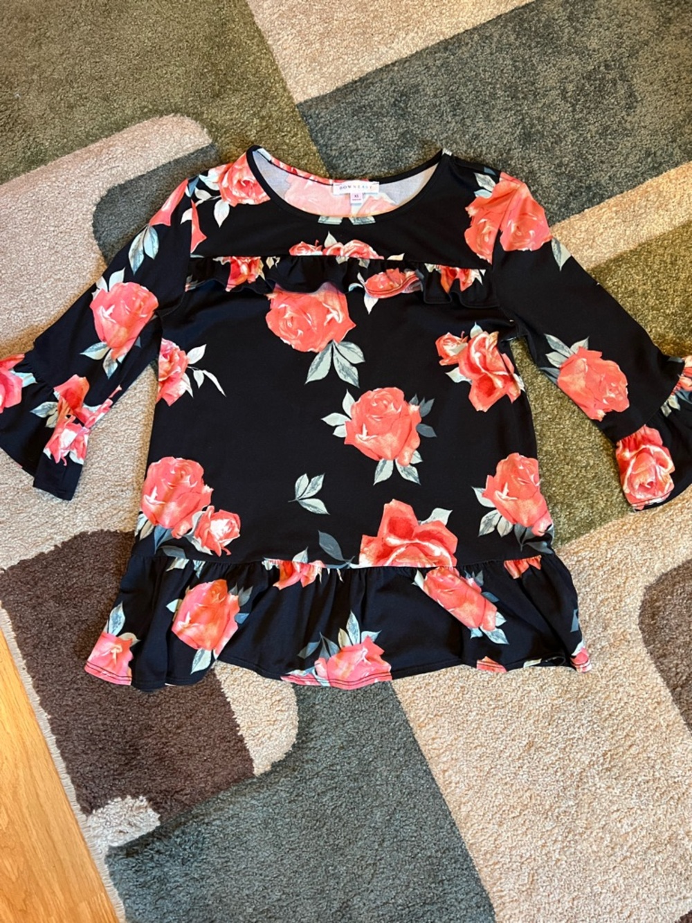 DownEast Black Blouse with Coral Rose Print and Ruffles